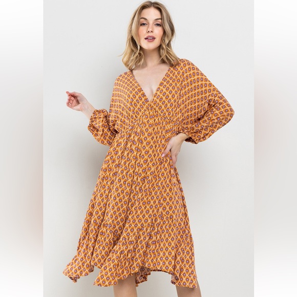 Boho . V-Neck Woven Print Tiered Midi Dress - Picture 2 of 5